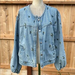 Pilcro Collarless Embroidered Denim Swing Jacket